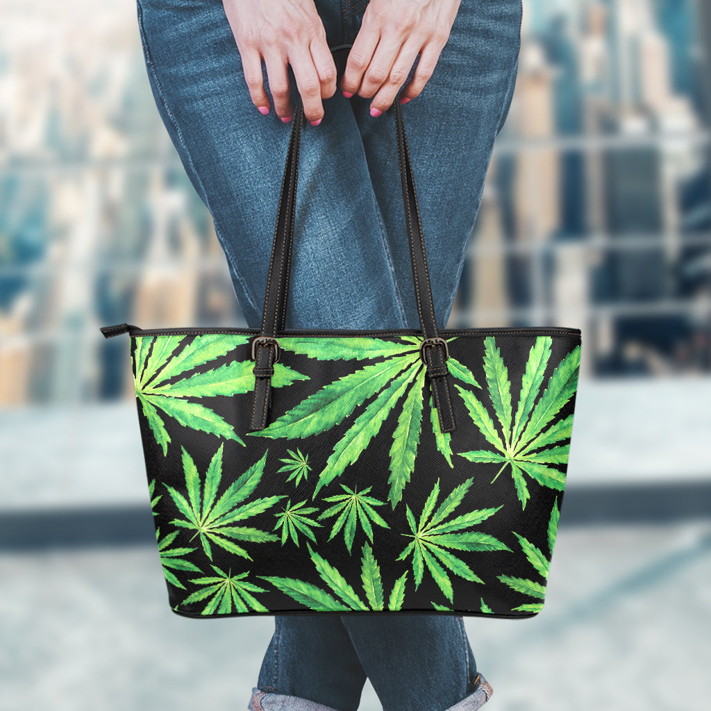 Watercolor Marijuana Leaf Pattern Print Leather Tote Bag