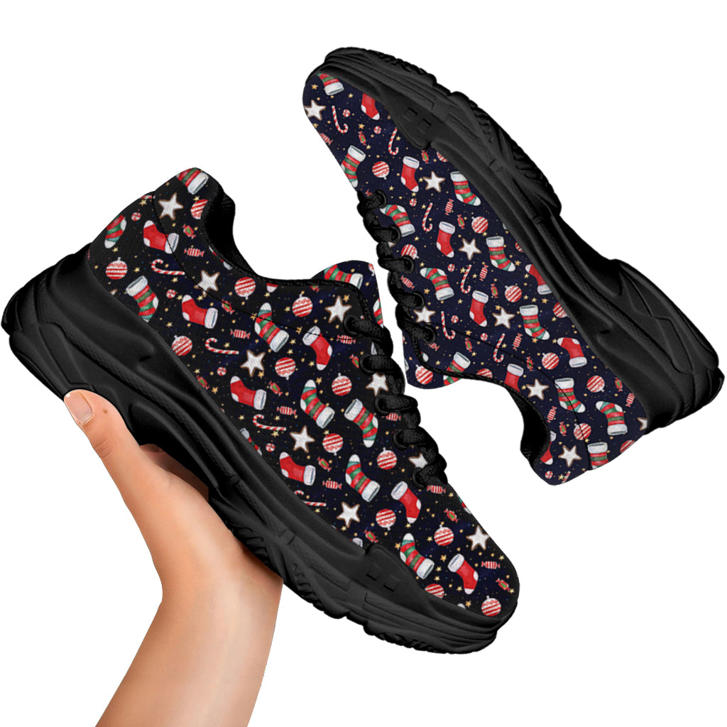 Watercolor Merry Christmas Pattern Print Black Chunky Shoes