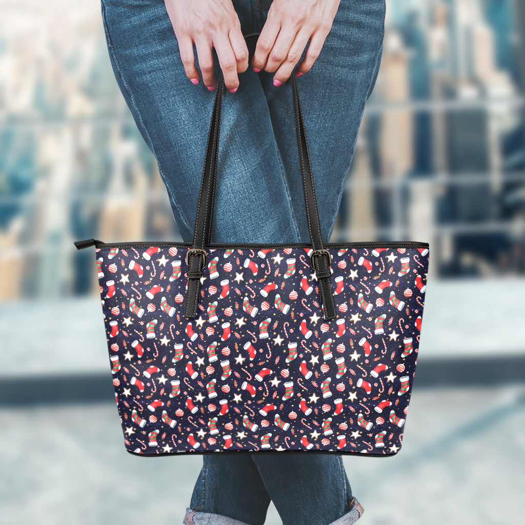 Watercolor Merry Christmas Pattern Print Leather Tote Bag