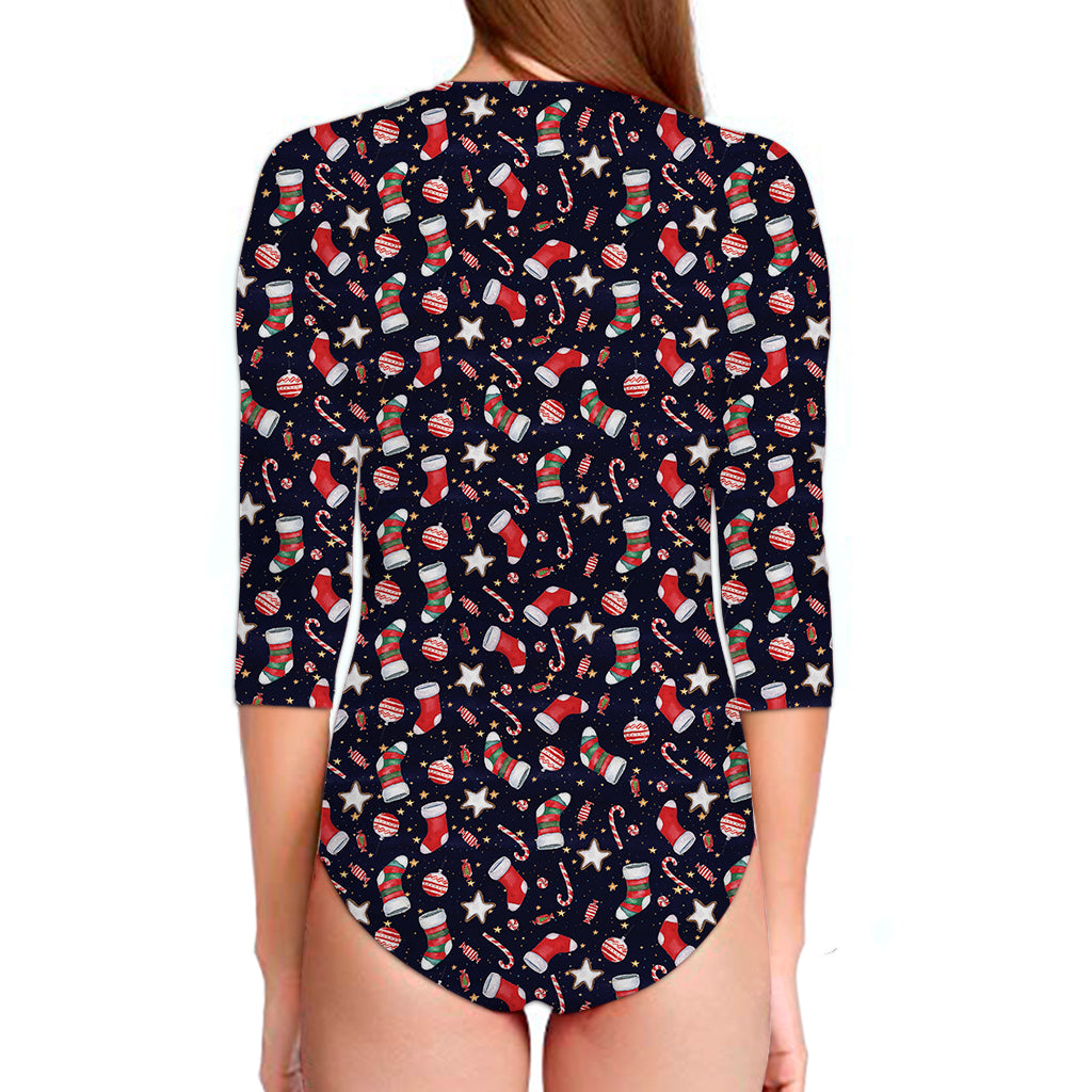 Watercolor Merry Christmas Pattern Print Long Sleeve Swimsuit
