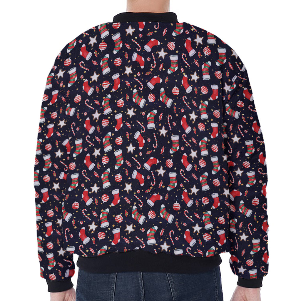 Watercolor Merry Christmas Pattern Print Zip Sleeve Bomber Jacket
