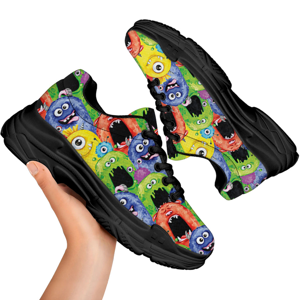 Watercolor Monster Pattern Print Black Chunky Shoes