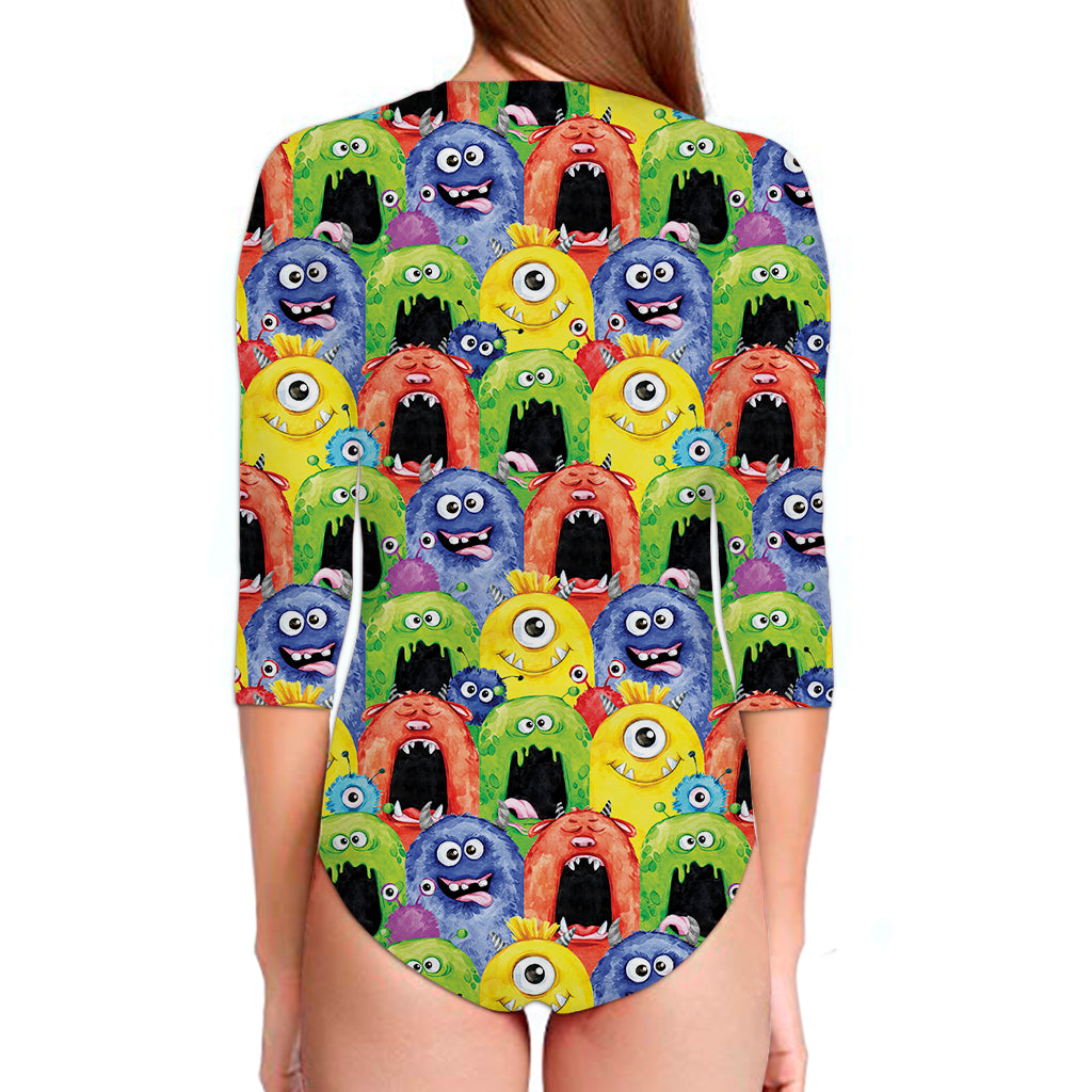 Watercolor Monster Pattern Print Long Sleeve Swimsuit