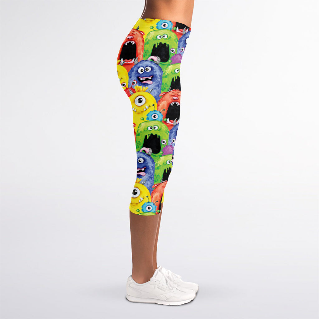 Watercolor Monster Pattern Print Women's Capri Leggings