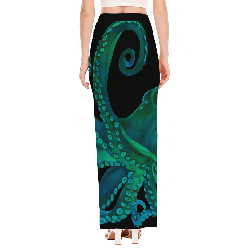 Watercolor Octopus Print High Slit Maxi Skirt