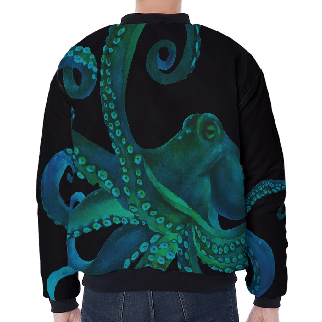 Watercolor Octopus Print Zip Sleeve Bomber Jacket