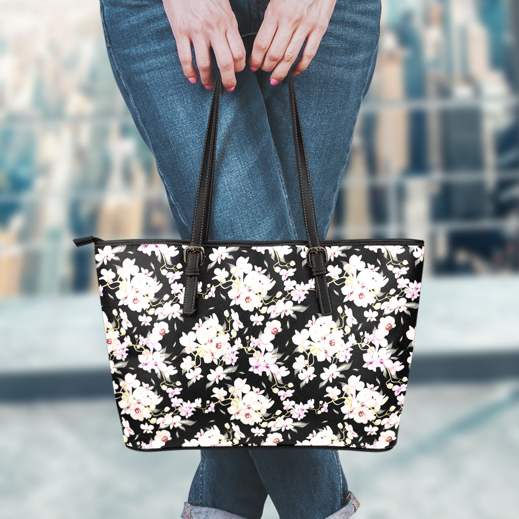 Watercolor Orchid Flower Pattern Print Leather Tote Bag