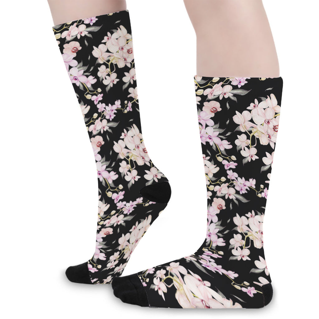 Watercolor Orchid Flower Pattern Print Long Socks