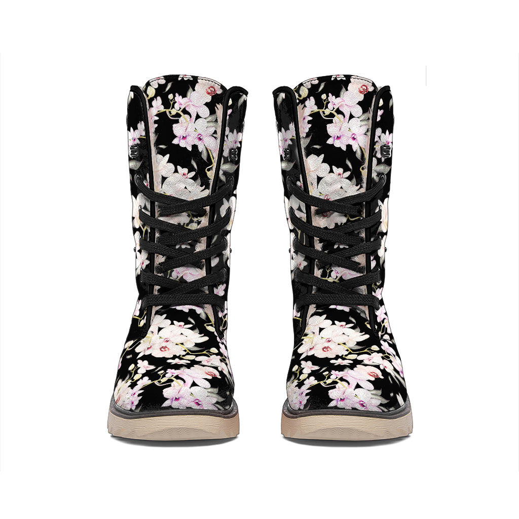 Watercolor Orchid Flower Pattern Print Winter Boots