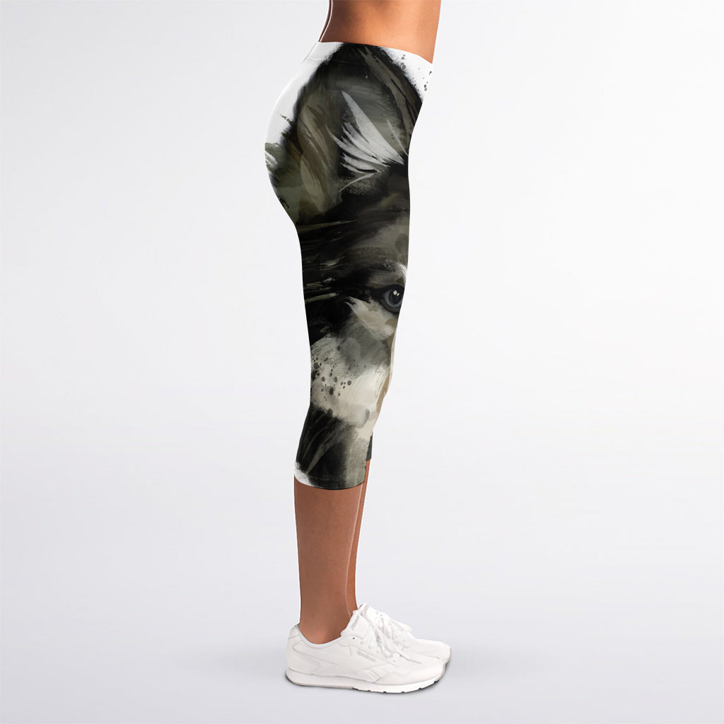 Watercolor Painting Wolf Print Women's Capri Leggings