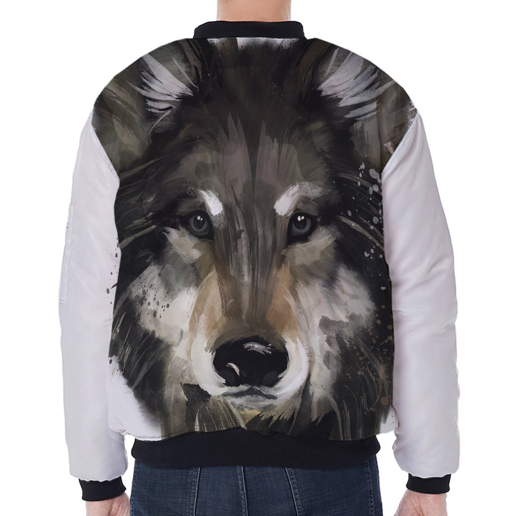 Watercolor Painting Wolf Print Zip Sleeve Bomber Jacket