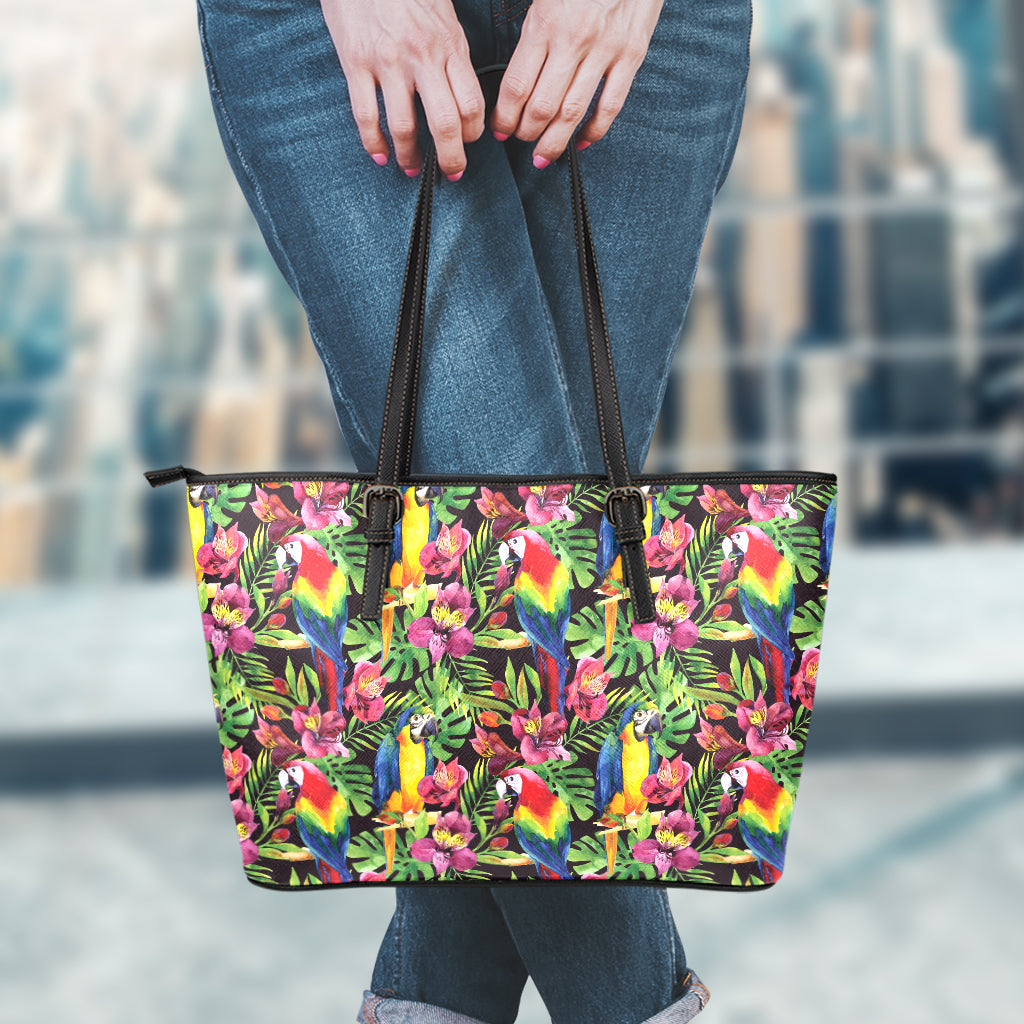 Watercolor Parrot Pattern Print Leather Tote Bag