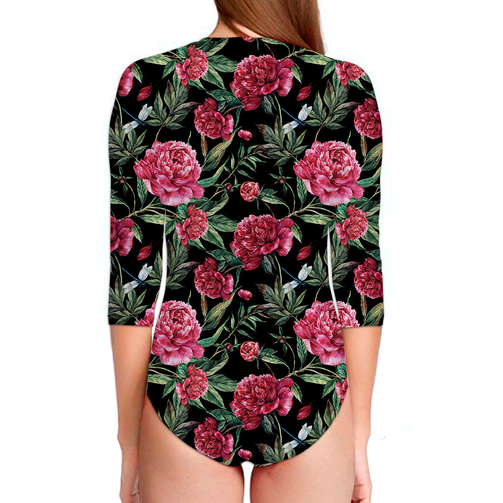 Watercolor Peony Pattern Print Long Sleeve Swimsuit