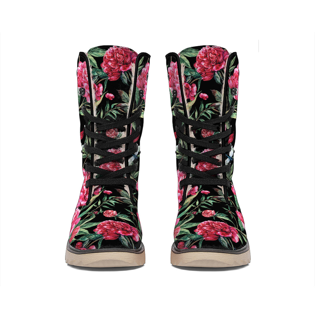 Watercolor Peony Pattern Print Winter Boots