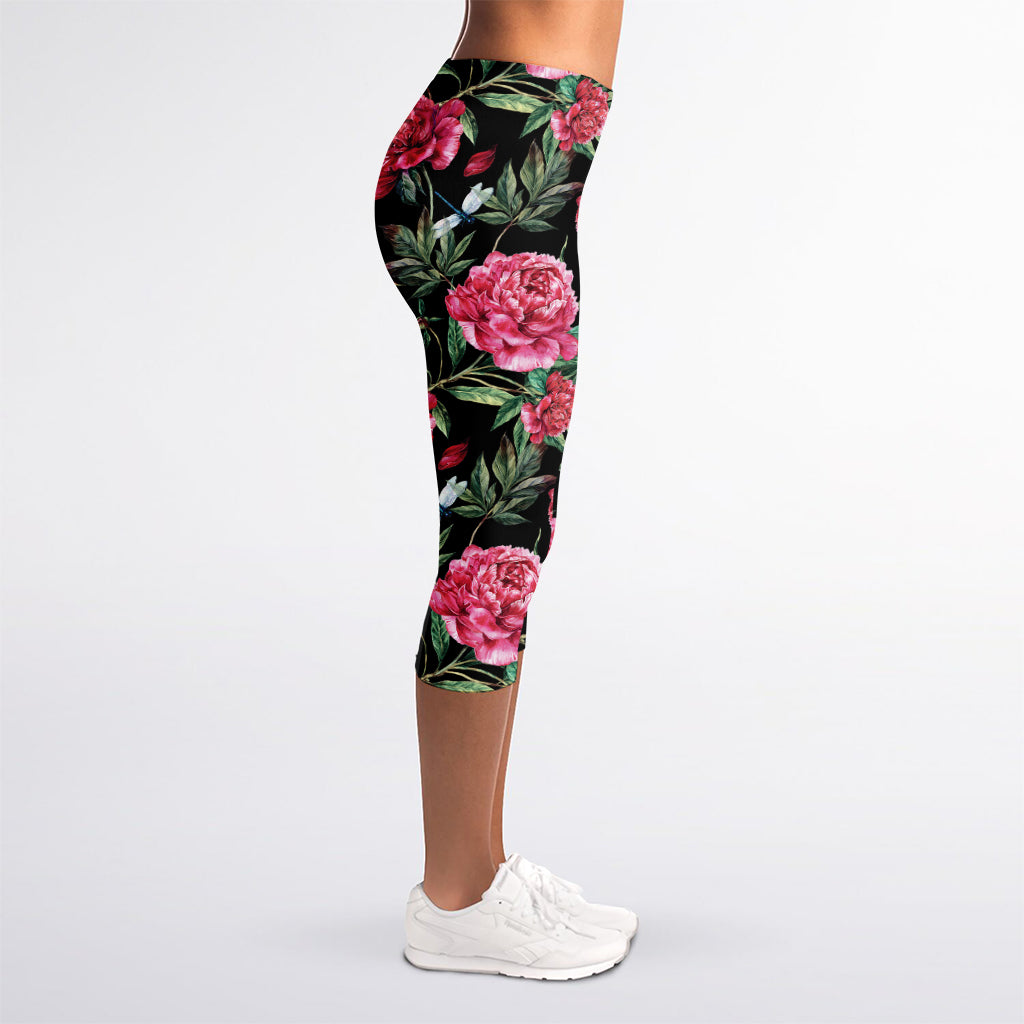 Watercolor Peony Pattern Print Women's Capri Leggings