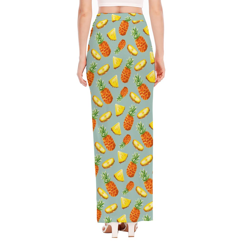 Watercolor Pineapple Pattern Print High Slit Maxi Skirt