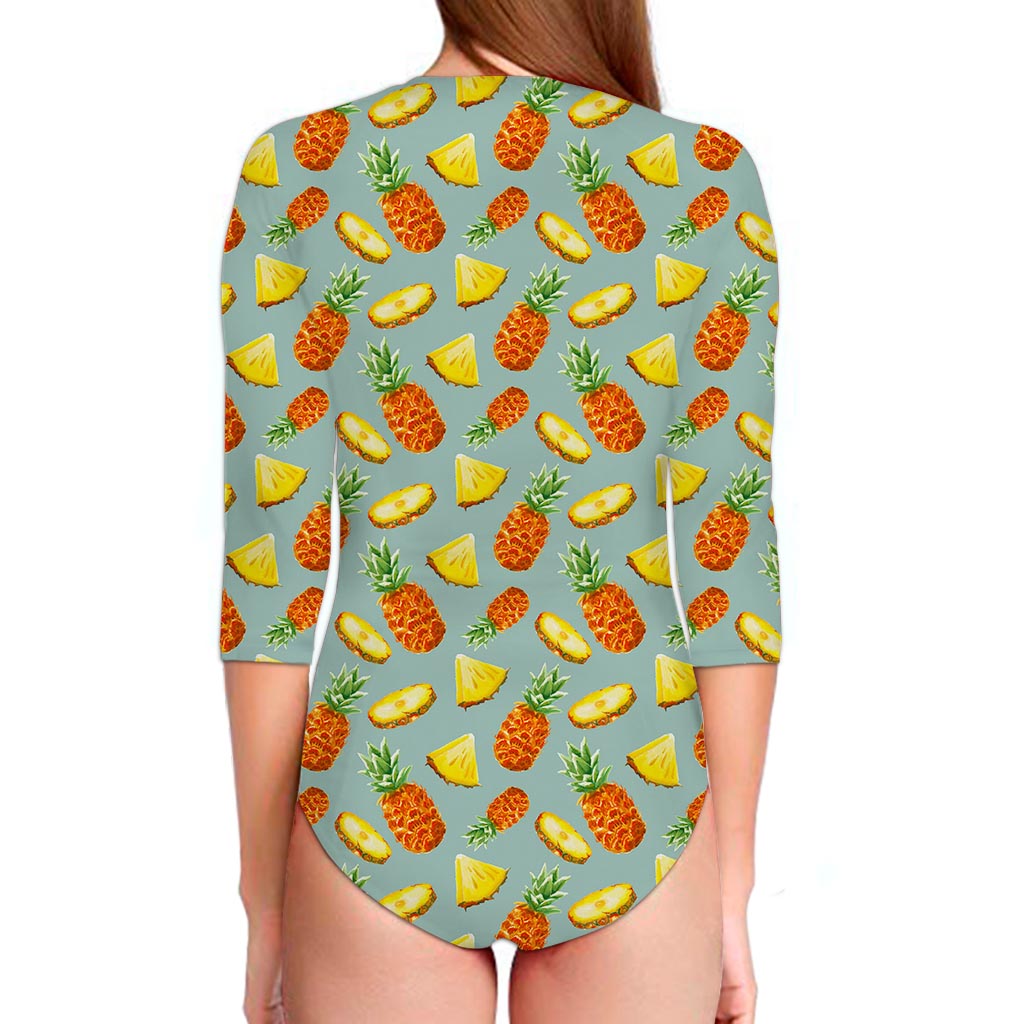 Watercolor Pineapple Pattern Print Long Sleeve Swimsuit