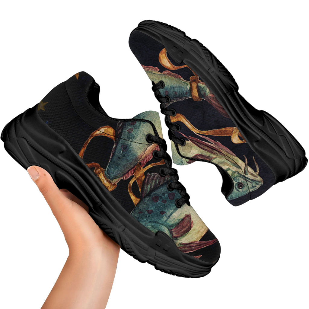 Watercolor Pisces Zodiac Sign Print Black Chunky Shoes