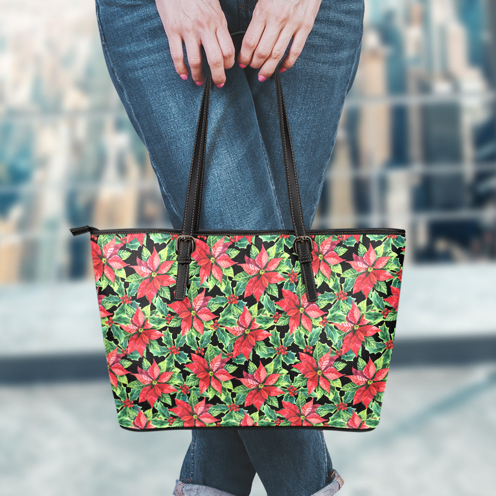 Watercolor Poinsettia Pattern Print Leather Tote Bag