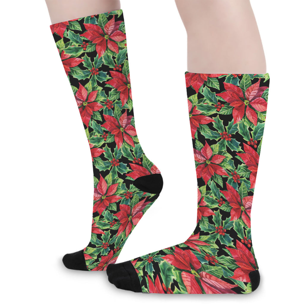 Watercolor Poinsettia Pattern Print Long Socks