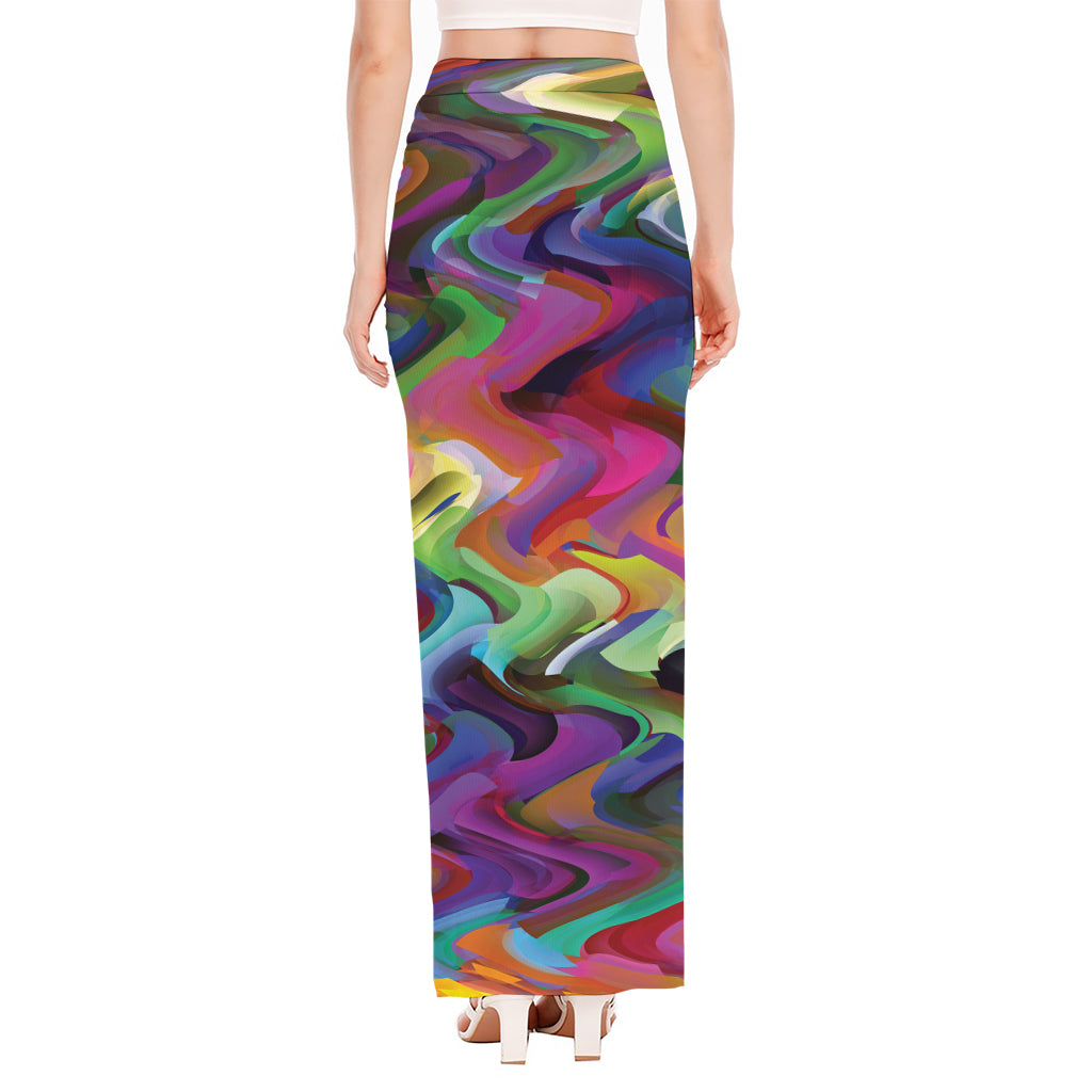 Watercolor Psychedelic Print High Slit Maxi Skirt