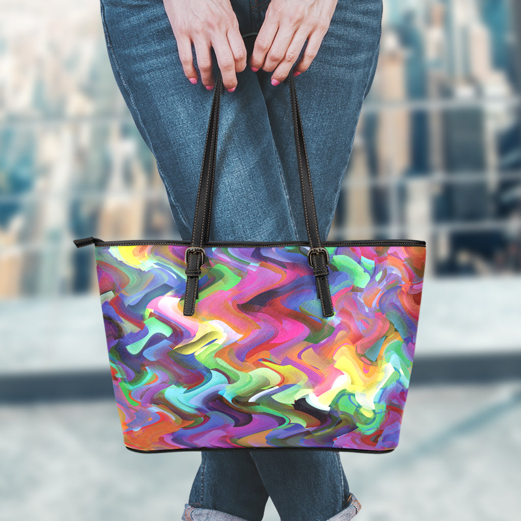 Watercolor Psychedelic Print Leather Tote Bag