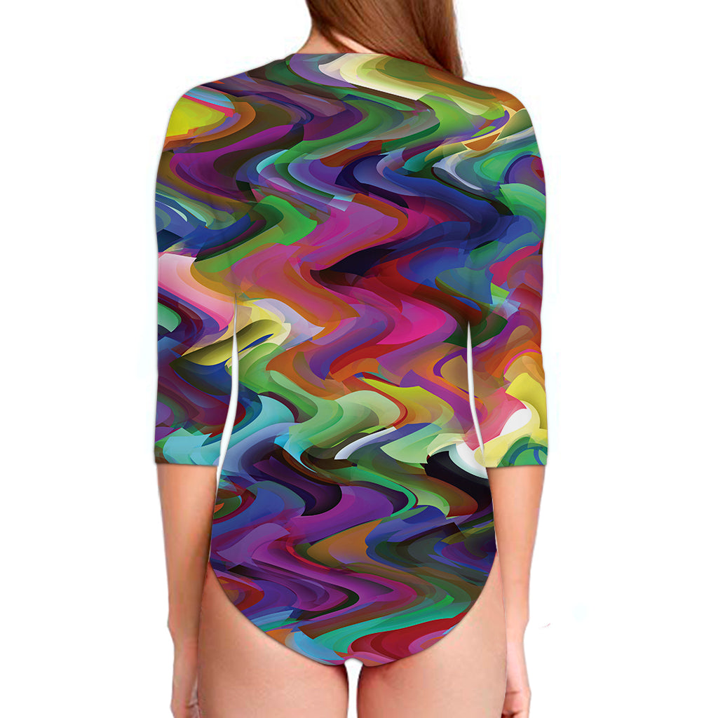Watercolor Psychedelic Print Long Sleeve Swimsuit