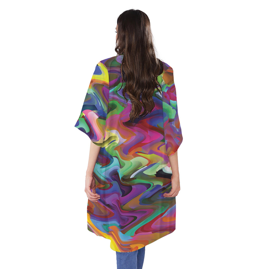 Watercolor Psychedelic Print Open Front Beach Cover Up
