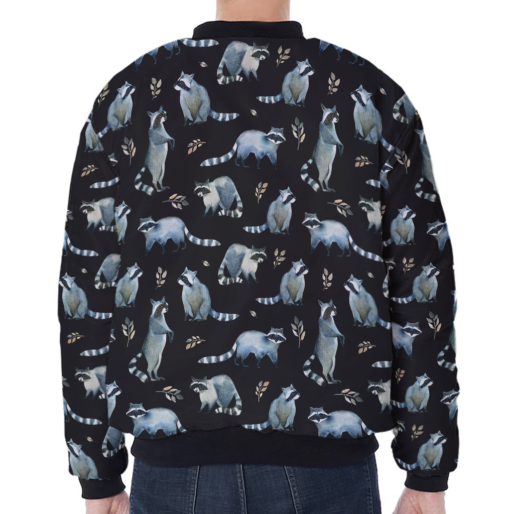 Watercolor Raccoon Pattern Print Zip Sleeve Bomber Jacket