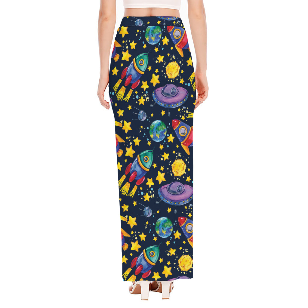 Watercolor Rocket Pattern Print High Slit Maxi Skirt