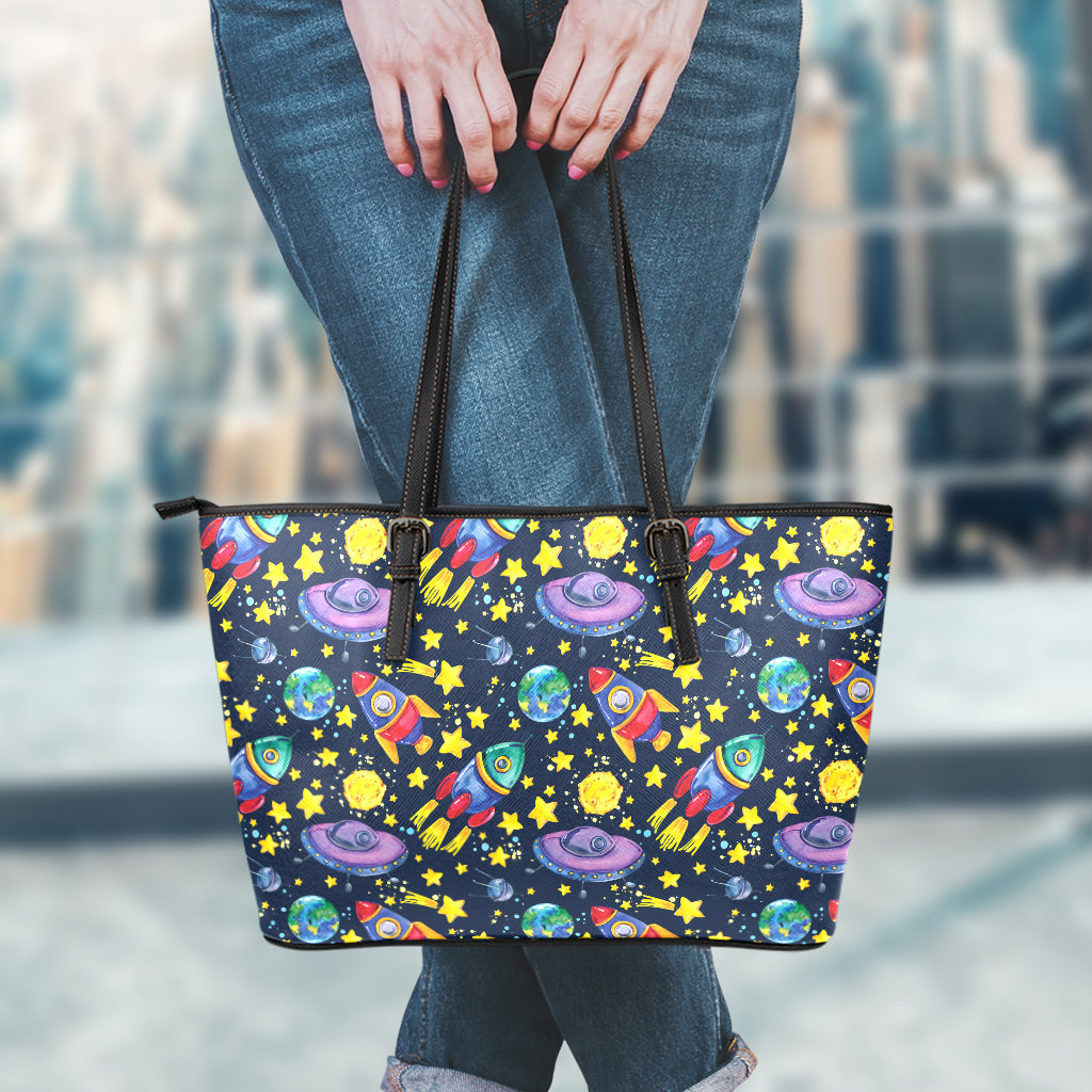Watercolor Rocket Pattern Print Leather Tote Bag