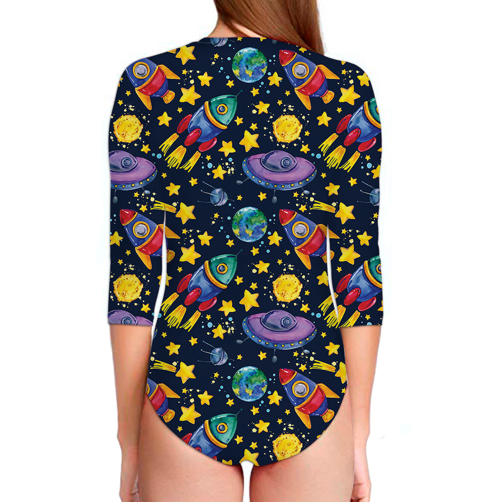 Watercolor Rocket Pattern Print Long Sleeve Swimsuit