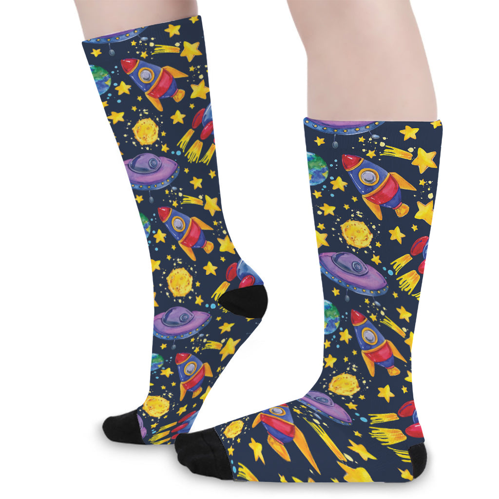 Watercolor Rocket Pattern Print Long Socks