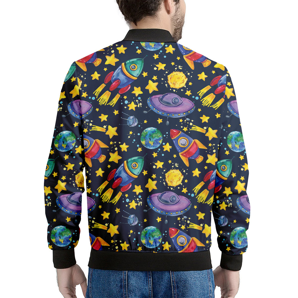 Watercolor Rocket Pattern Print Men's Bomber Jacket