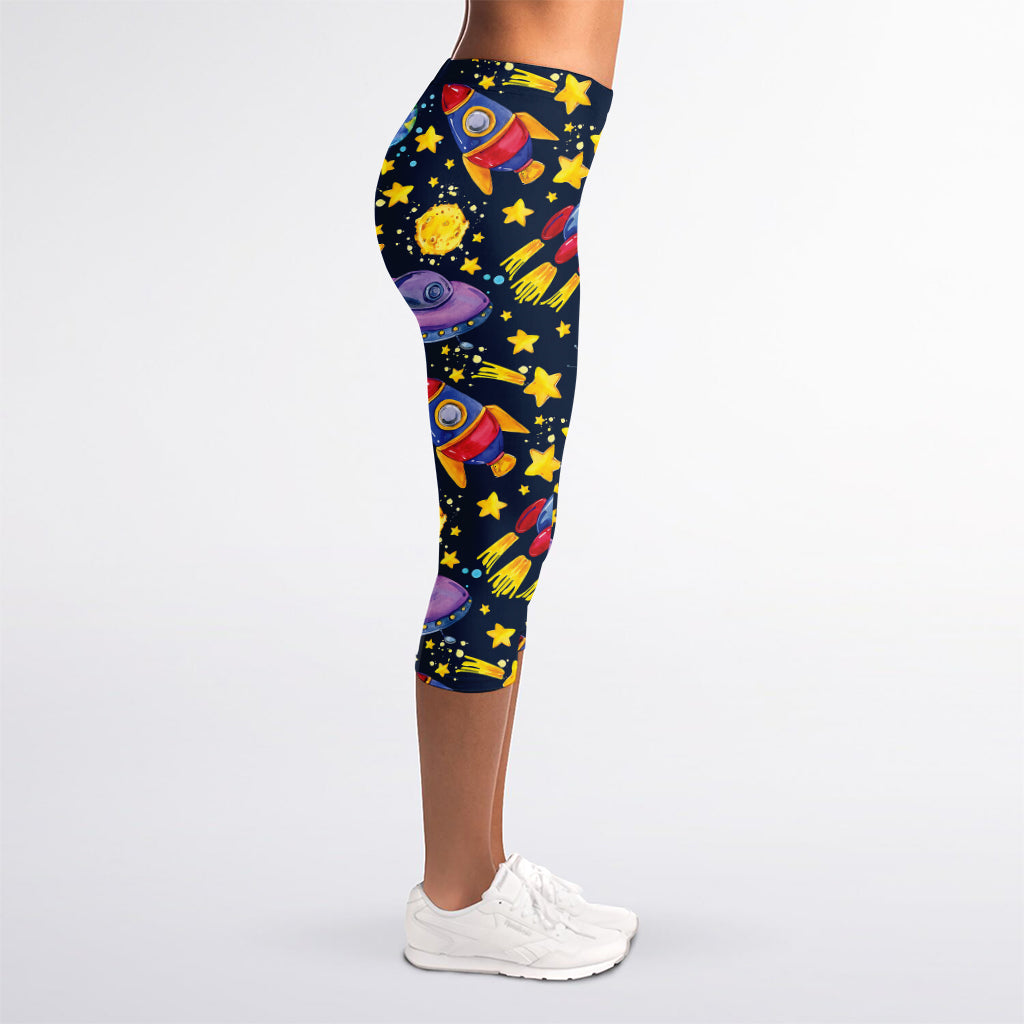 Watercolor Rocket Pattern Print Women's Capri Leggings