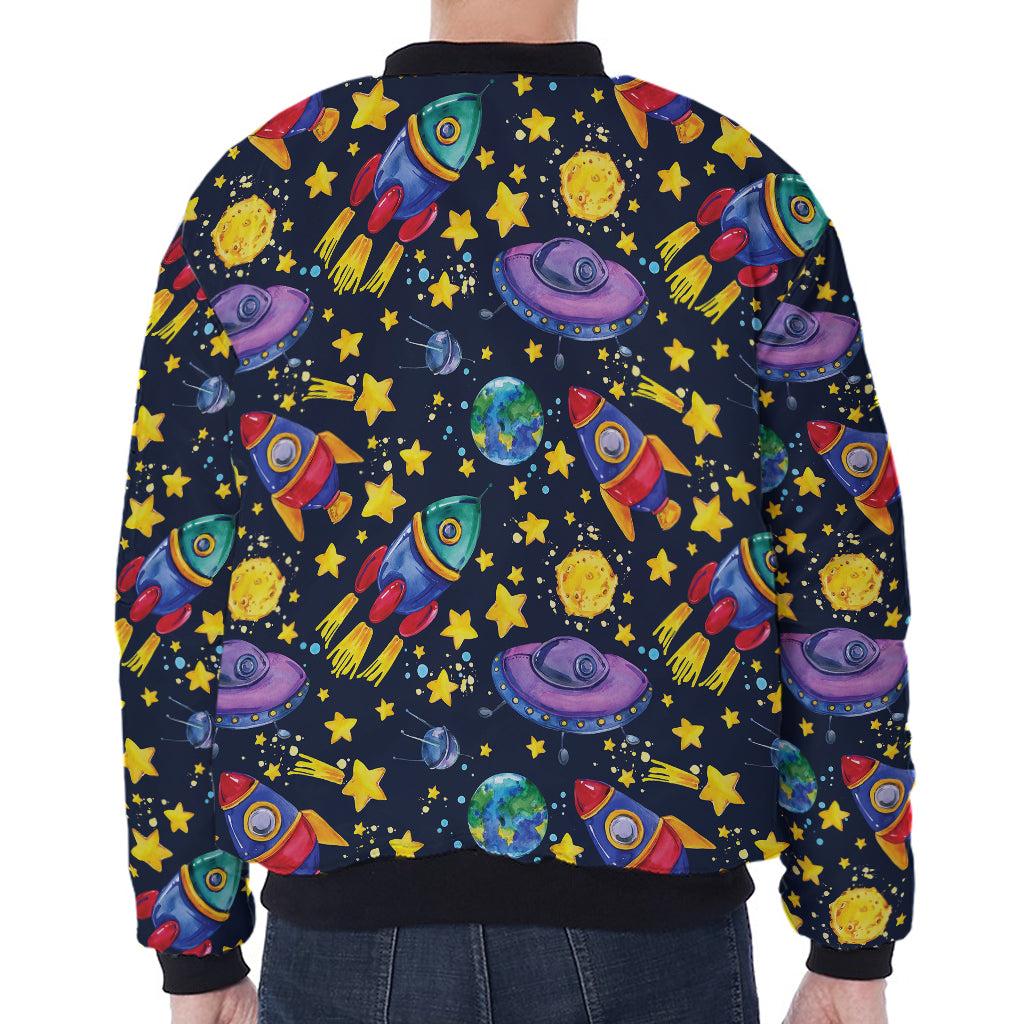 Watercolor Rocket Pattern Print Zip Sleeve Bomber Jacket
