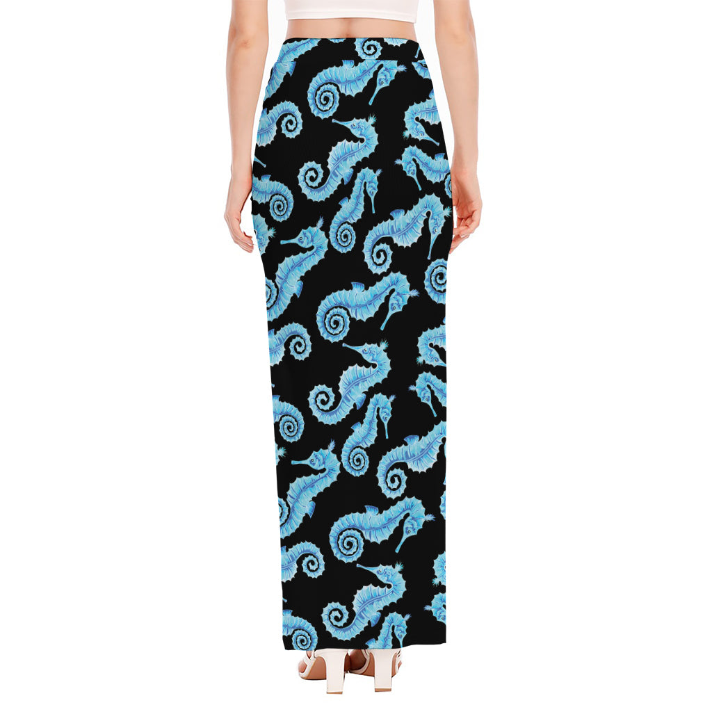 Watercolor Seahorse Pattern Print High Slit Maxi Skirt