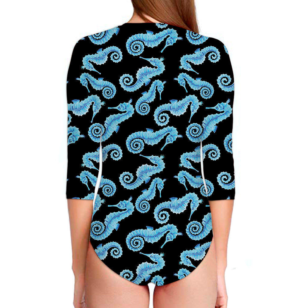 Watercolor Seahorse Pattern Print Long Sleeve Swimsuit