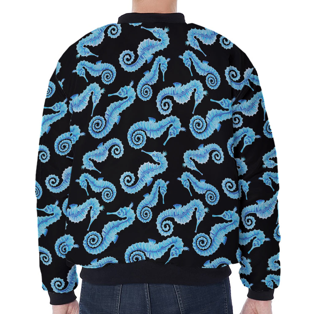 Watercolor Seahorse Pattern Print Zip Sleeve Bomber Jacket