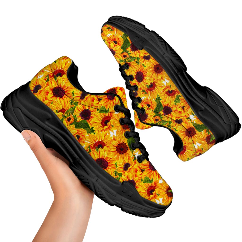 Watercolor Sunflower Pattern Print Black Chunky Shoes