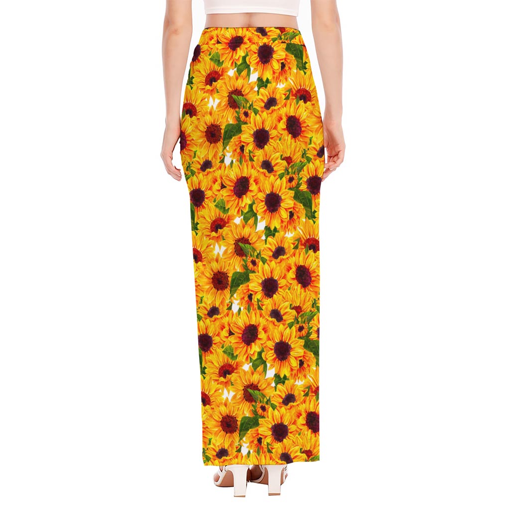 Watercolor Sunflower Pattern Print High Slit Maxi Skirt