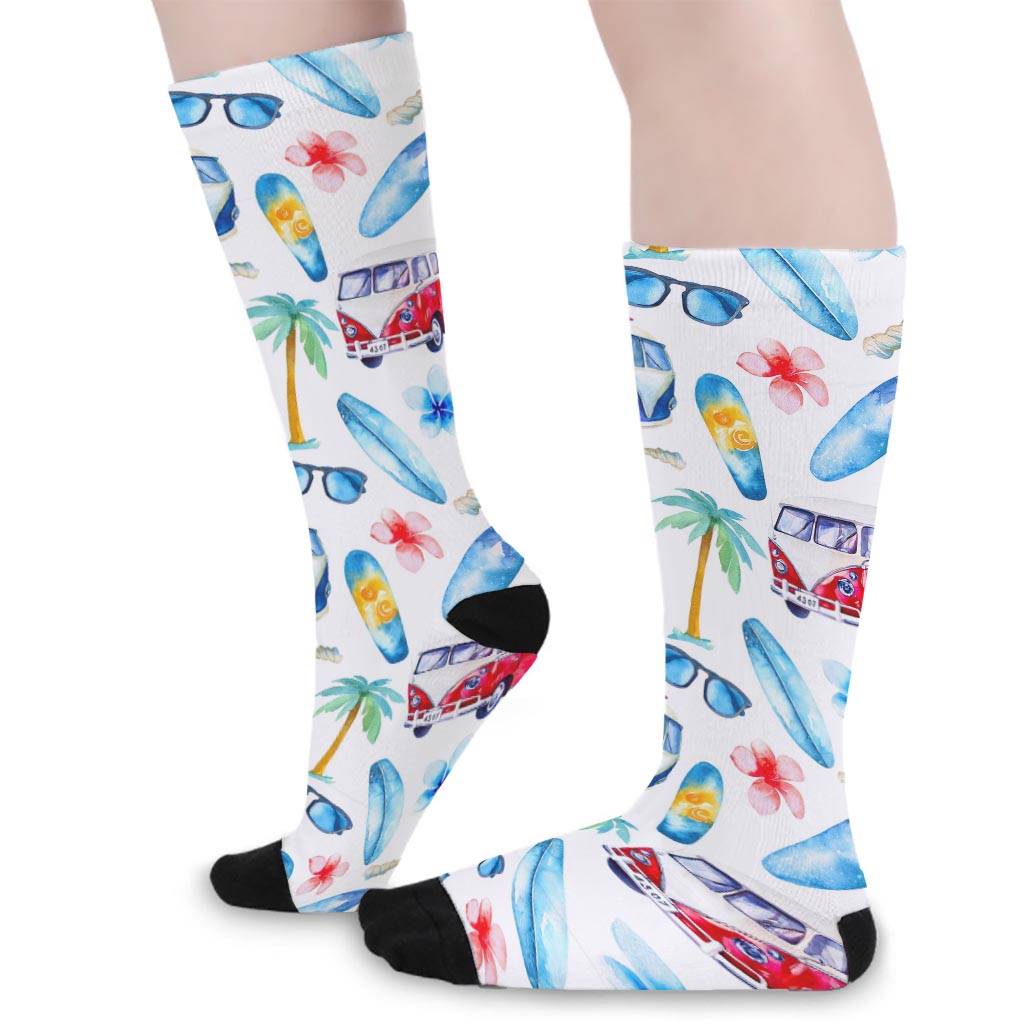 Watercolor Surfing Pattern Print Long Socks