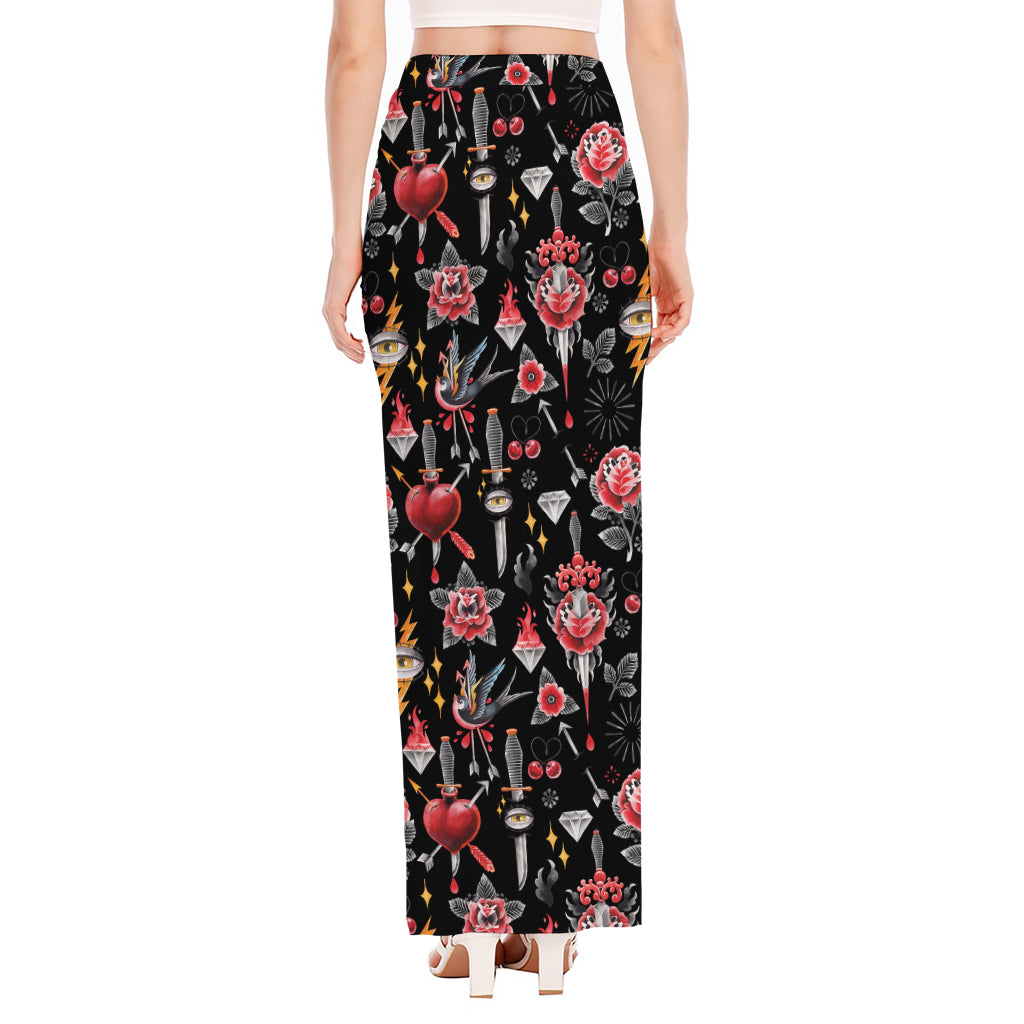 Watercolor Tattoo Print High Slit Maxi Skirt