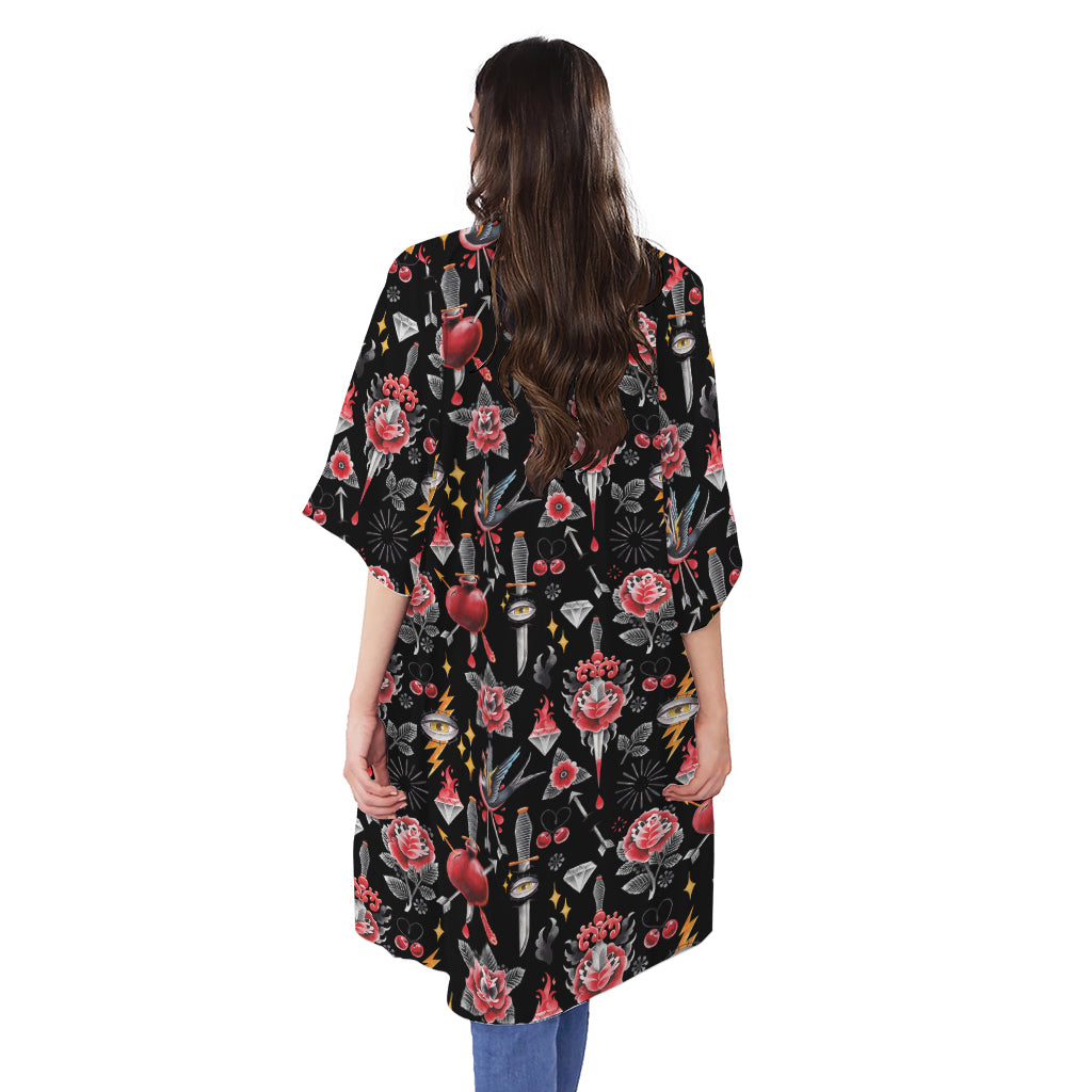 Watercolor Tattoo Print Open Front Beach Cover Up