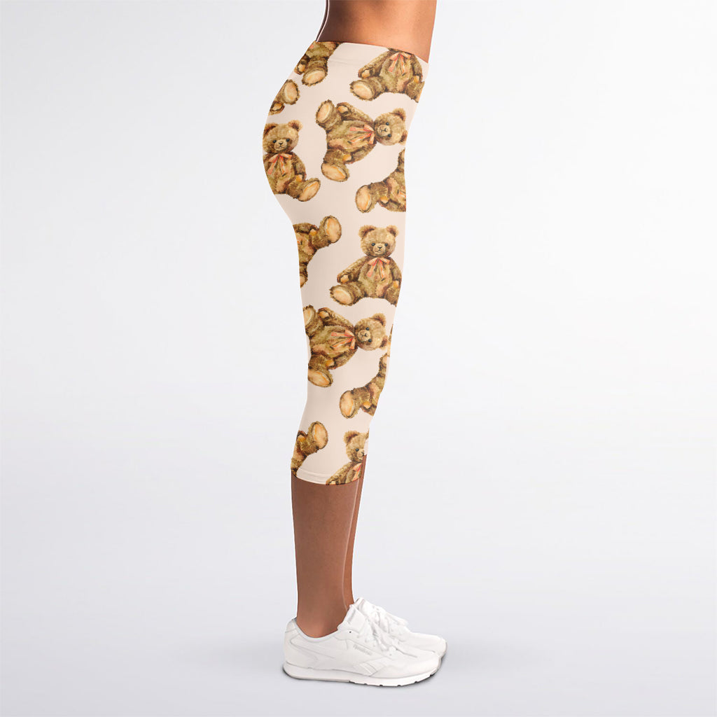 Watercolor Teddy Bear Pattern Print Women's Capri Leggings