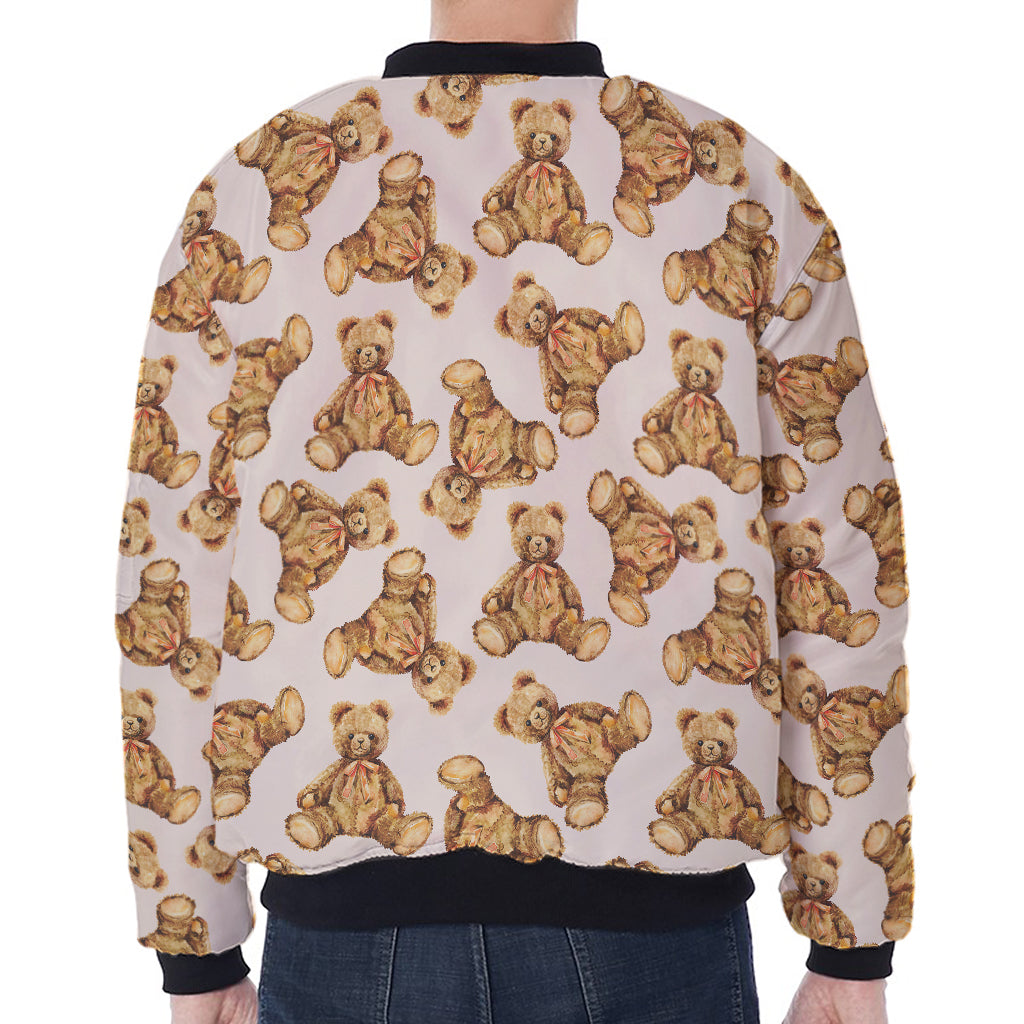 Watercolor Teddy Bear Pattern Print Zip Sleeve Bomber Jacket