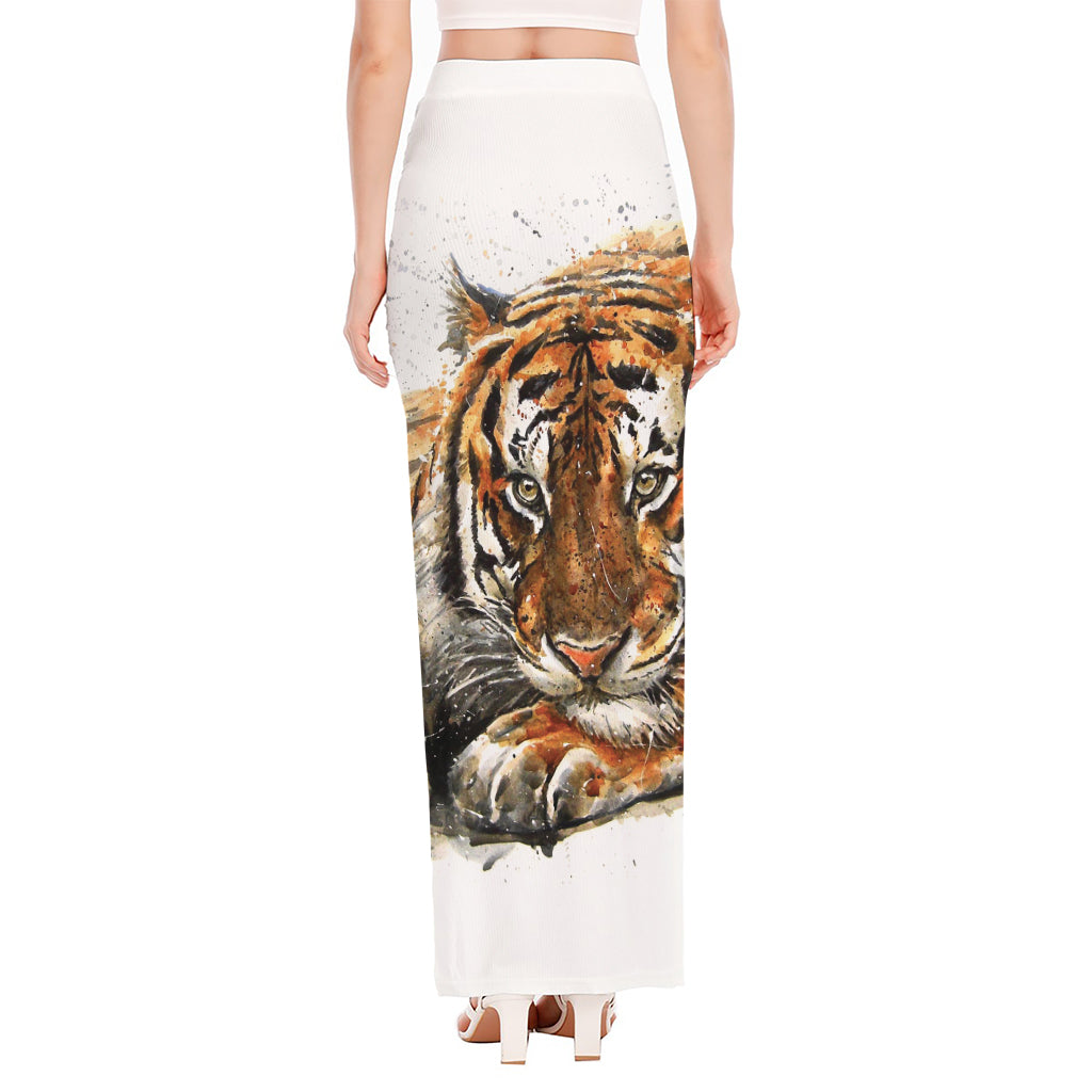 Watercolor Tiger Print High Slit Maxi Skirt