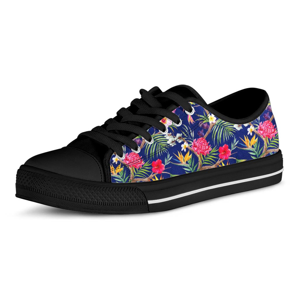 Watercolor Tropical Flower Pattern Print Black Low Top Sneakers