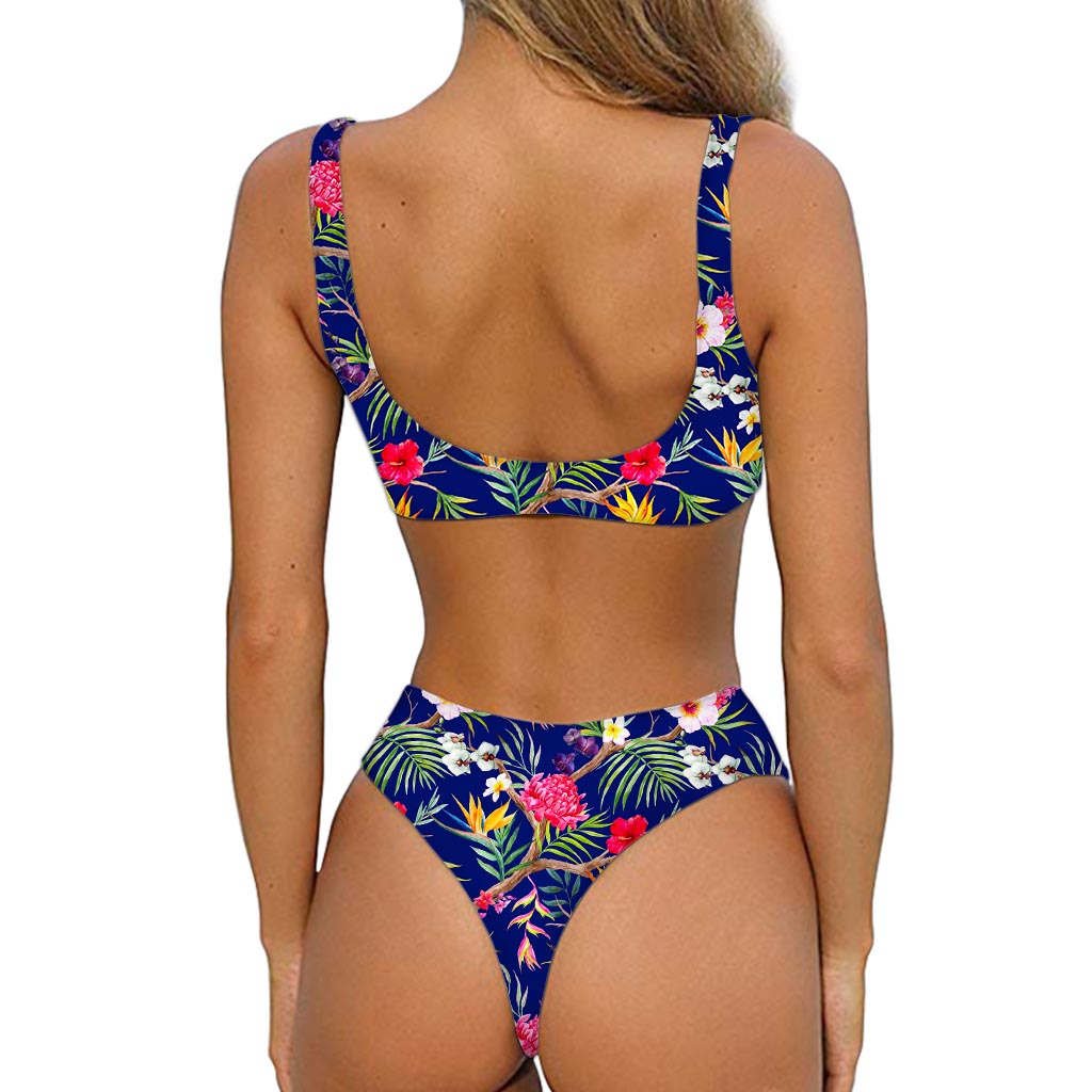Watercolor Tropical Flower Pattern Print Front Bow Tie Bikini
