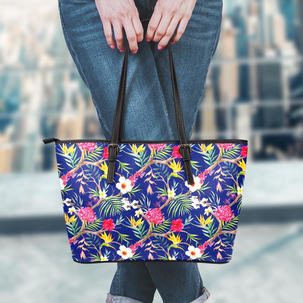 Watercolor Tropical Flower Pattern Print Leather Tote Bag